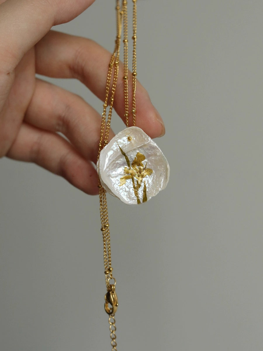 "Irises On Pearls" Lacquer Craft Handpainted Flower Necklace And Earrings Handmade Jewelry