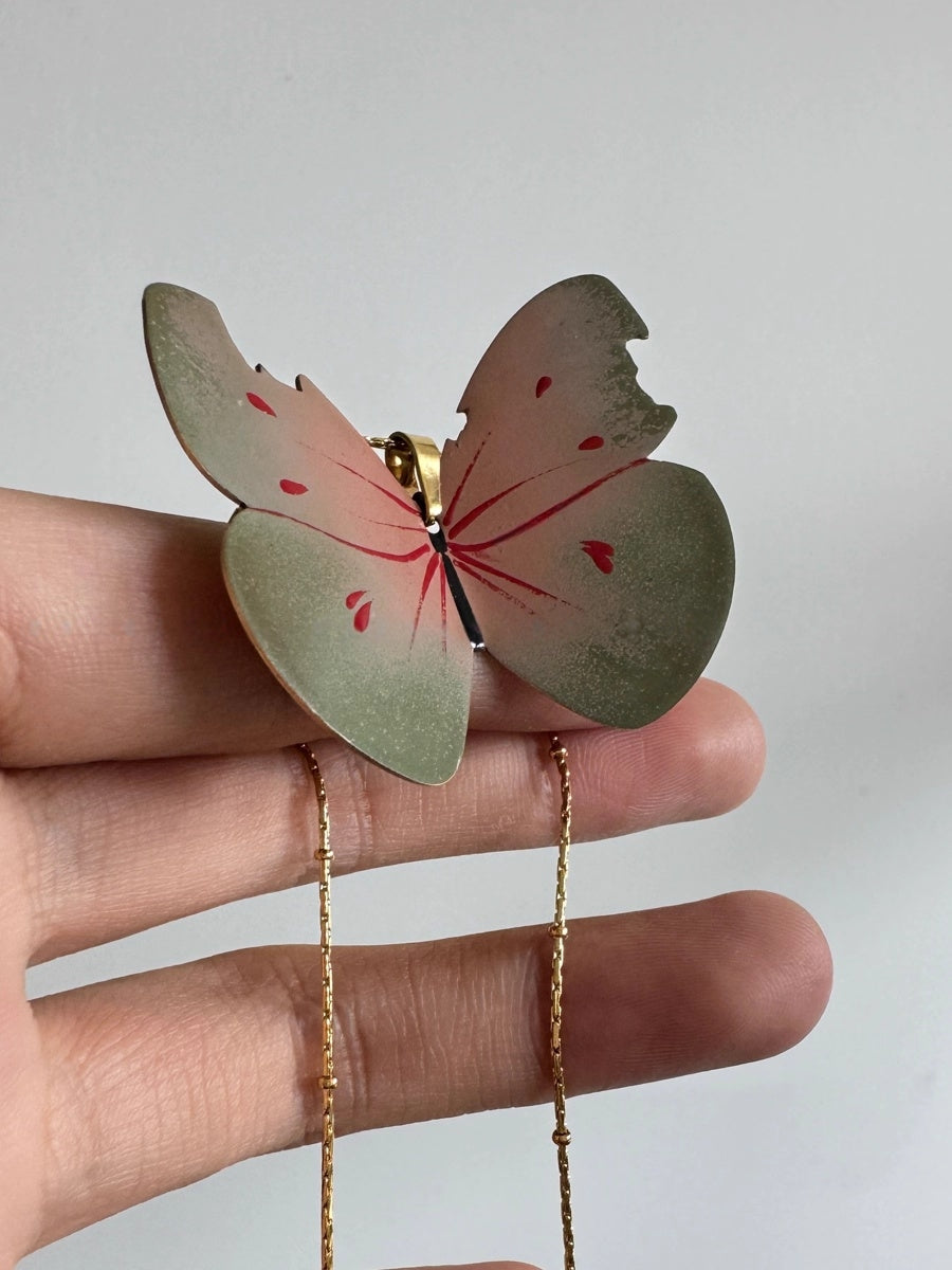 Pink Butterfly Original Lacquer Craft Hand-Painted Butterfly Oil Painting Girl'S Necklace - Handmade Copper Lacquerware