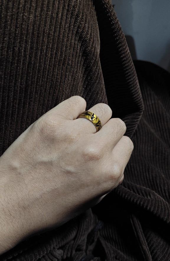 LacLume Original "Bamboo" Lacquer Painting Process, Hand-Painted Bamboo Pattern, New Style Silver Ring, Hand-Made Silver Lacquerware