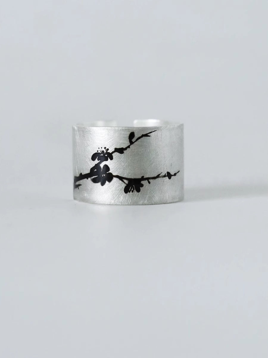 LacLume Lacquer Hand-Painted Peach Blossom New Chinese Style Silver Ring - Handmade Silver Lacquerware