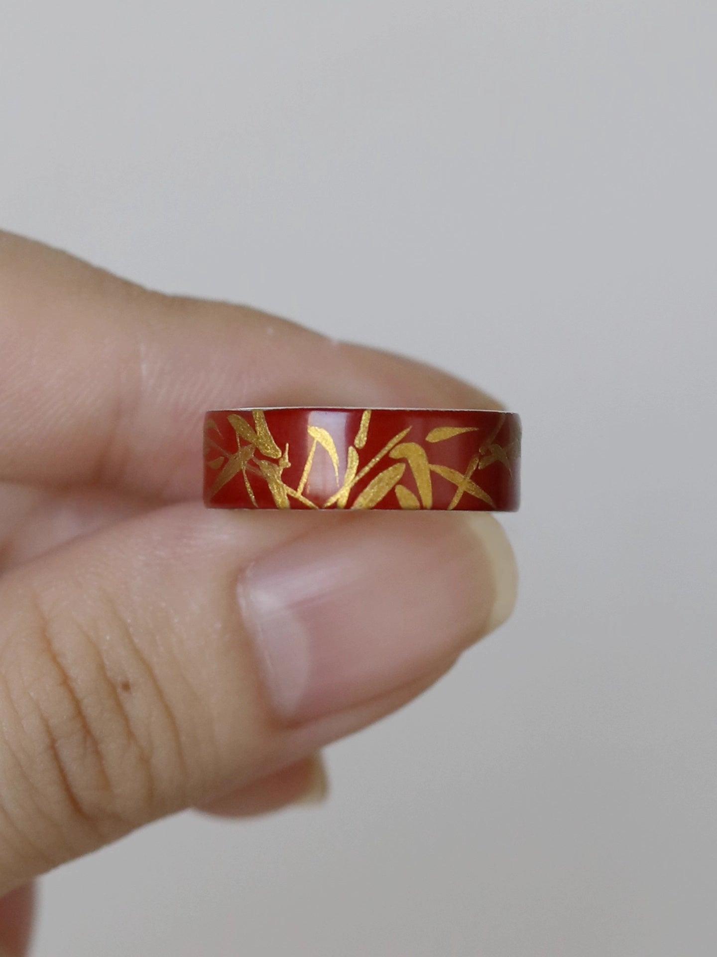 LacLume Original "Bamboo" Lacquer Painting Process, Hand-Painted Bamboo Pattern, New Style Silver Ring, Hand-Made Silver Lacquerware