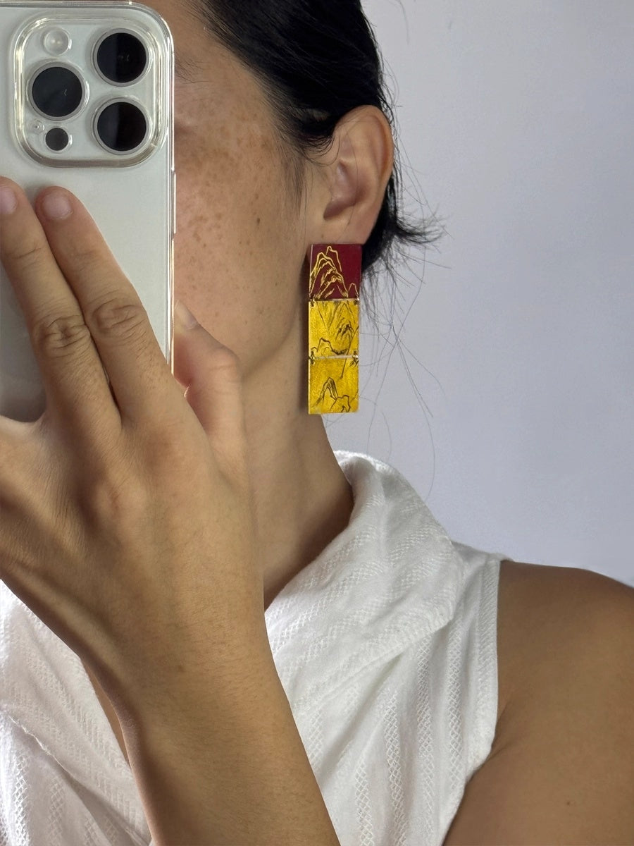 LacLume Original Lacquer Craft Hand-Painted Mountain Peaks New Style Large Earrings Hand-Made Copper Tire Lacquerware