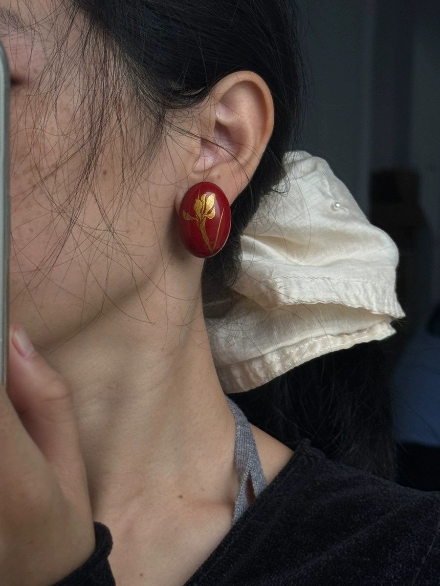 LacLume Original "Iris" Lacquer Earrings with Gold Traced Hand-Painted Iris Flowers