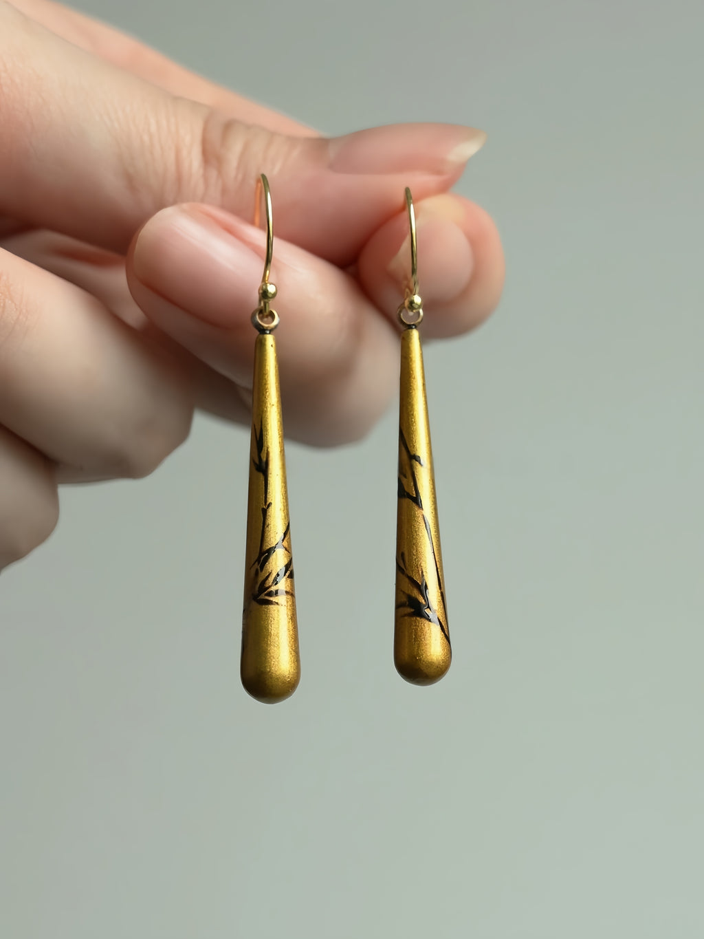 LacLume Lacquer Craft Hand-Painted Bamboo Pattern New Style Earrings-Handmade Copper Tire Lacquerware