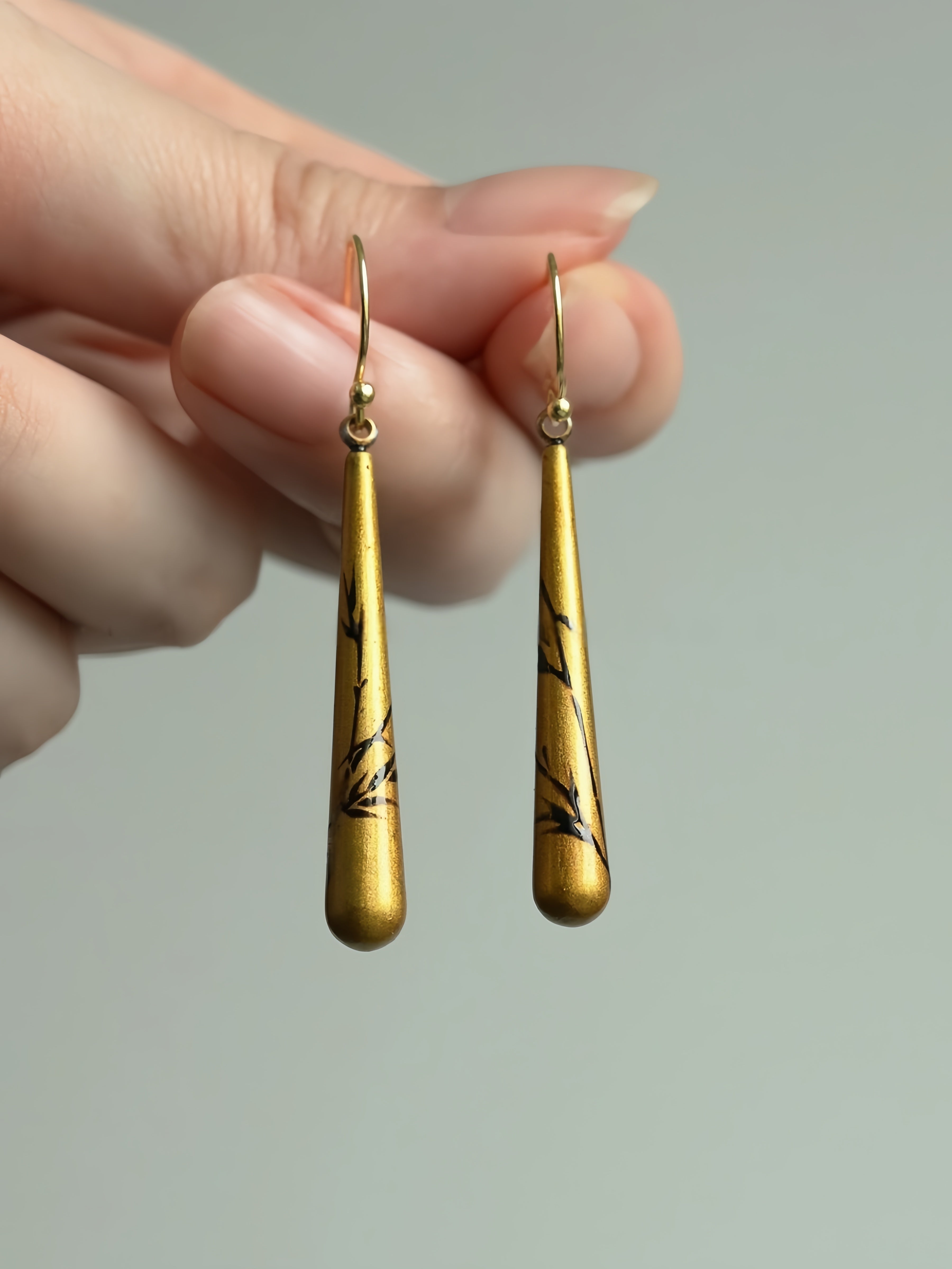 LacLume Lacquer Craft Hand-Painted Bamboo Pattern New Style Earrings-Handmade Copper Tire Lacquerware