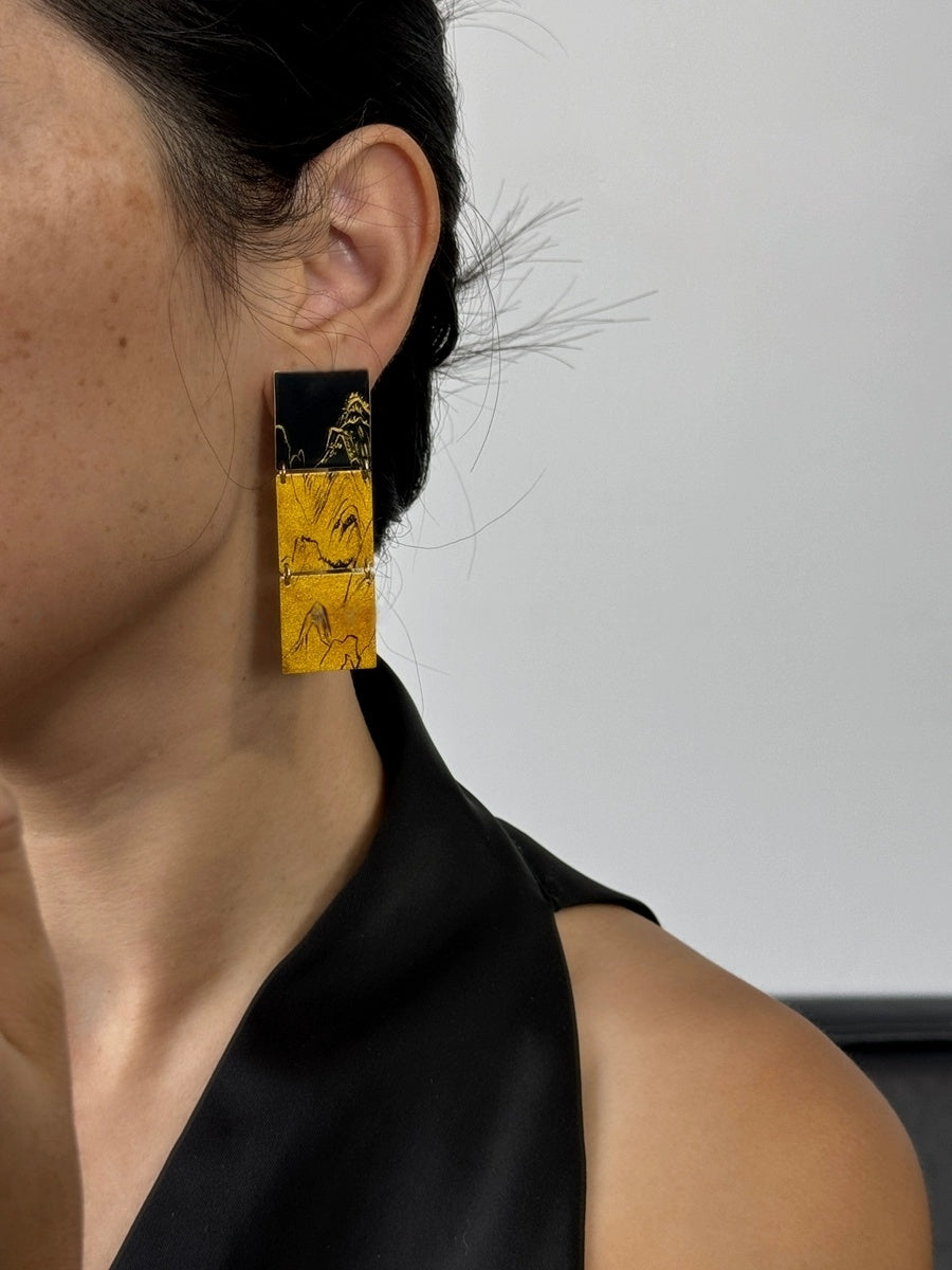 LacLume Original Lacquer Craft Hand-Painted Mountain Peaks New Style Large Earrings Hand-Made Copper Tire Lacquerware