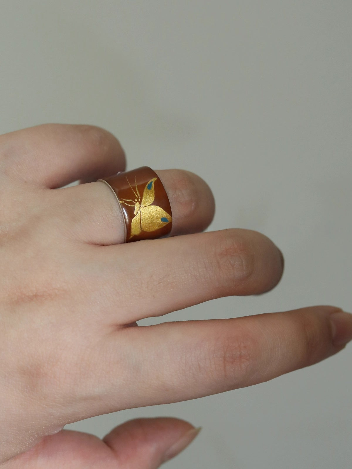 LacLume Butterfly Lacquer Gold Hand-Painted Butterfly Purple 925 Silver Ring