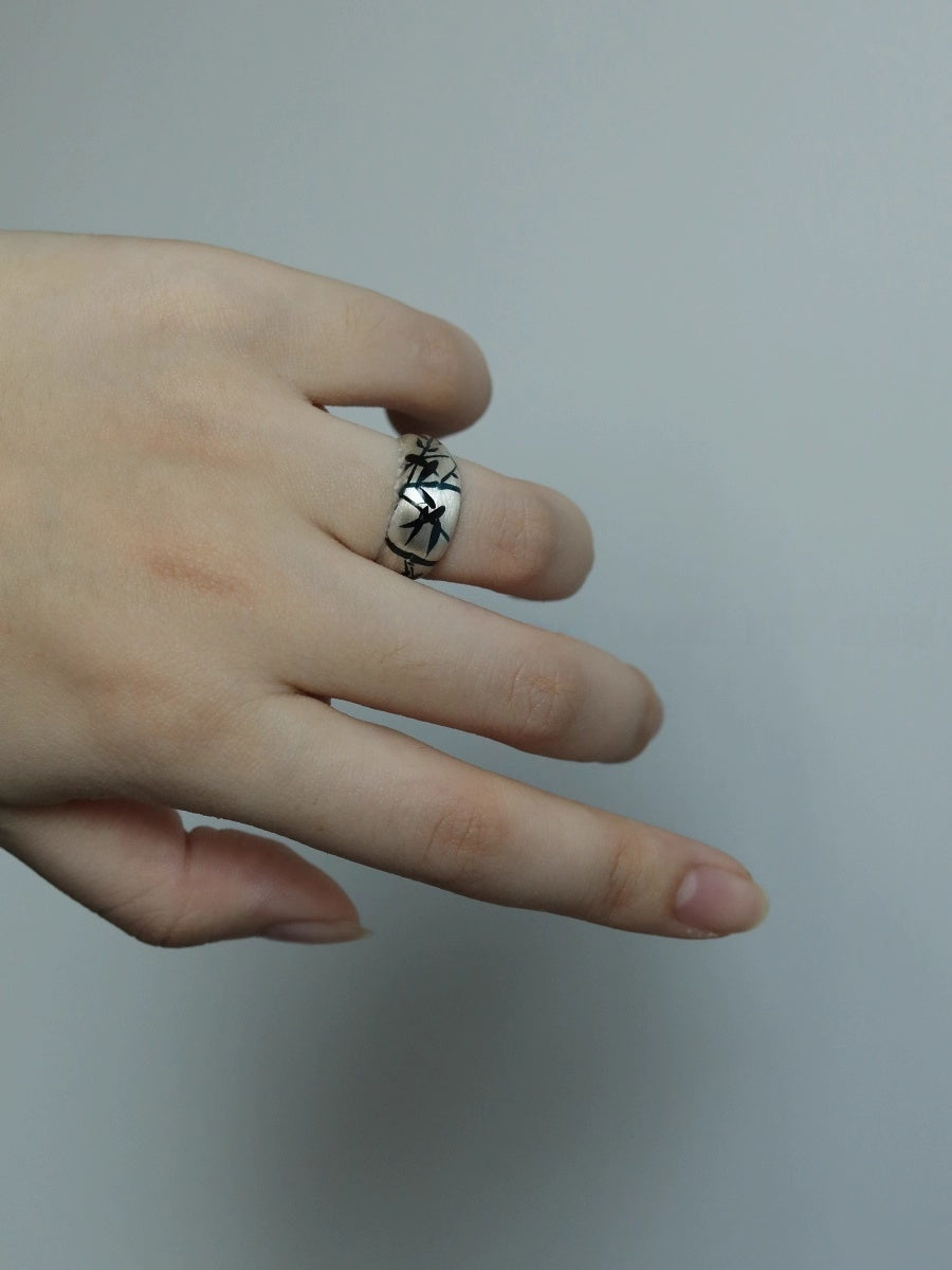 LacLume Original Lacquer Hand-Painted Bamboo Pattern New Style Handmade Silver Ring - Silver Lacquerware