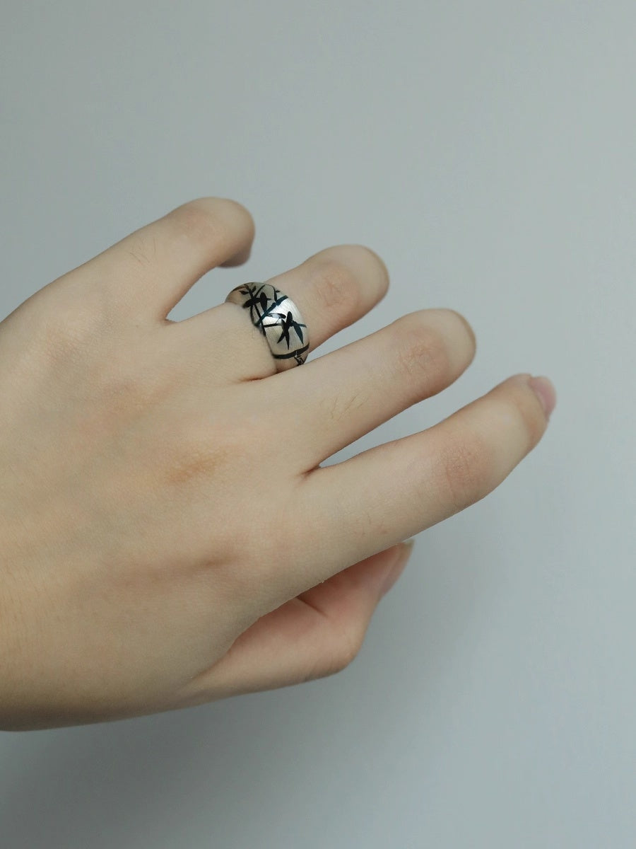 LacLume Original Lacquer Hand-Painted Bamboo Pattern New Style Handmade Silver Ring - Silver Lacquerware