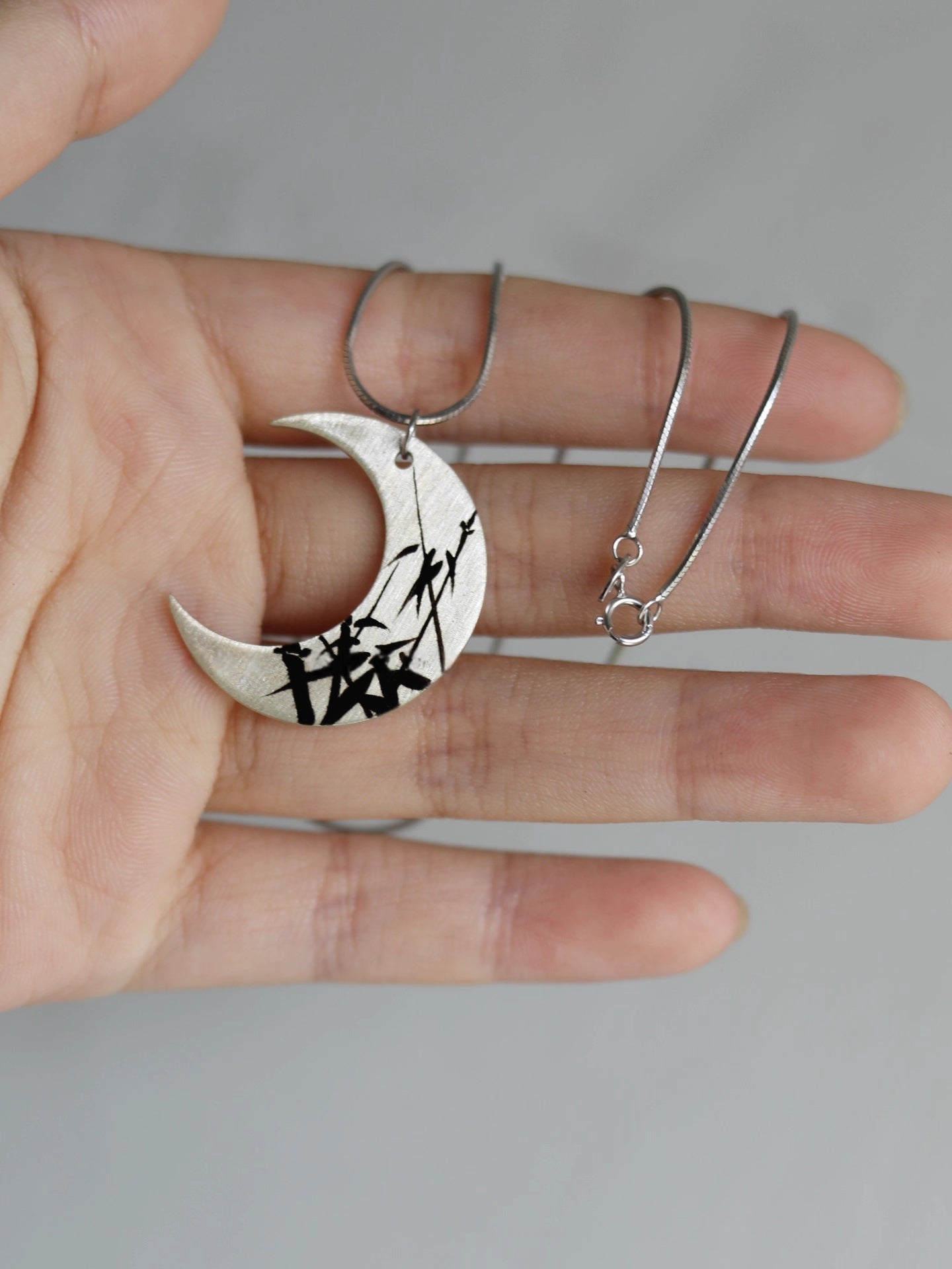 LacLume HandPainted Lacquer Crescent Necklace "Moon Shadow" Bamboo Pattern Silver Lacquerware