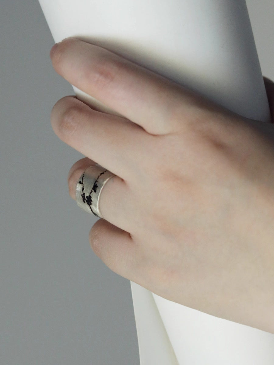 LacLume Lacquer Hand-Painted Peach Blossom New Chinese Style Silver Ring - Handmade Silver Lacquerware