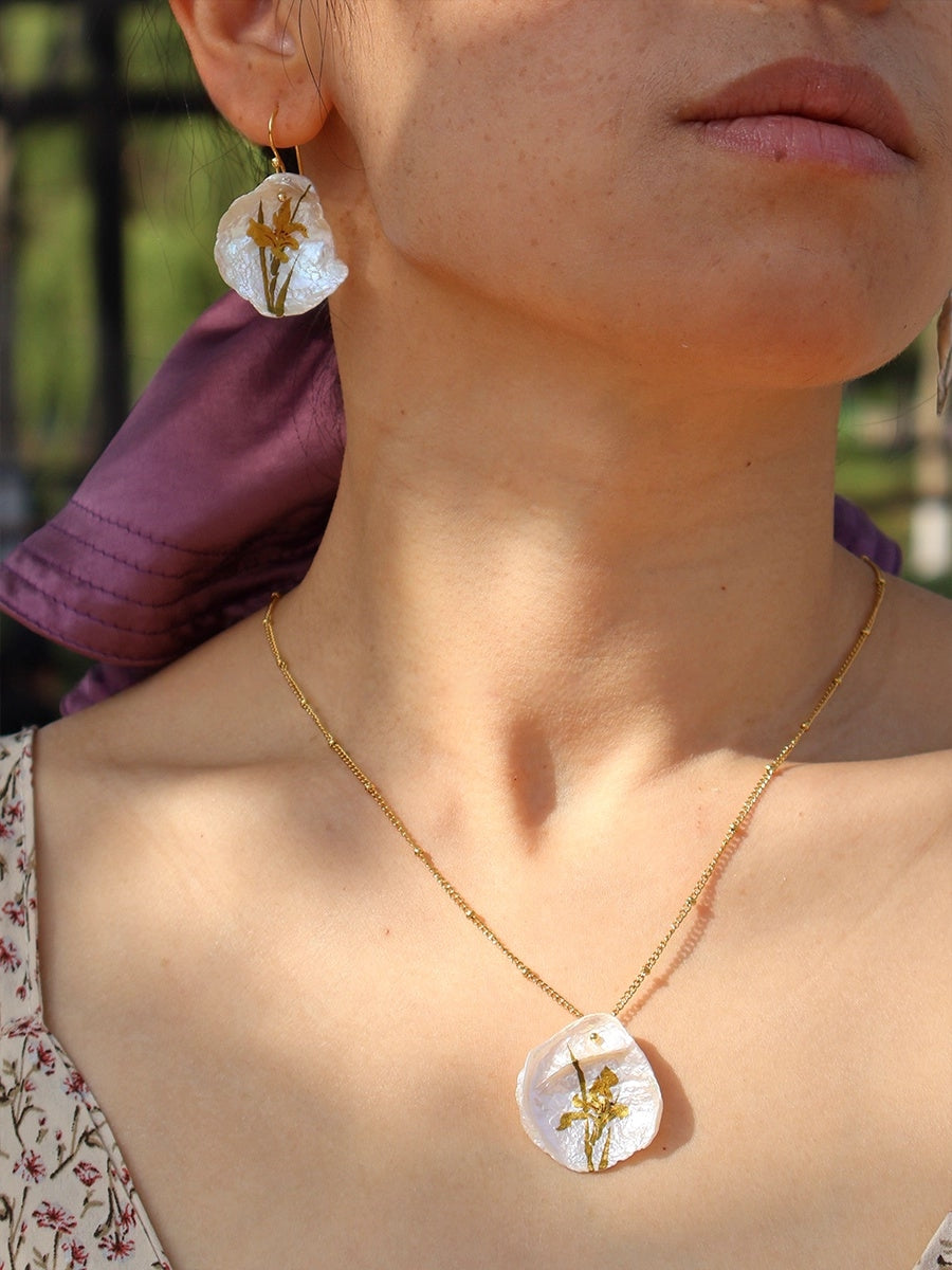 "Irises On Pearls" Lacquer Craft Handpainted Flower Necklace And Earrings Handmade Jewelry