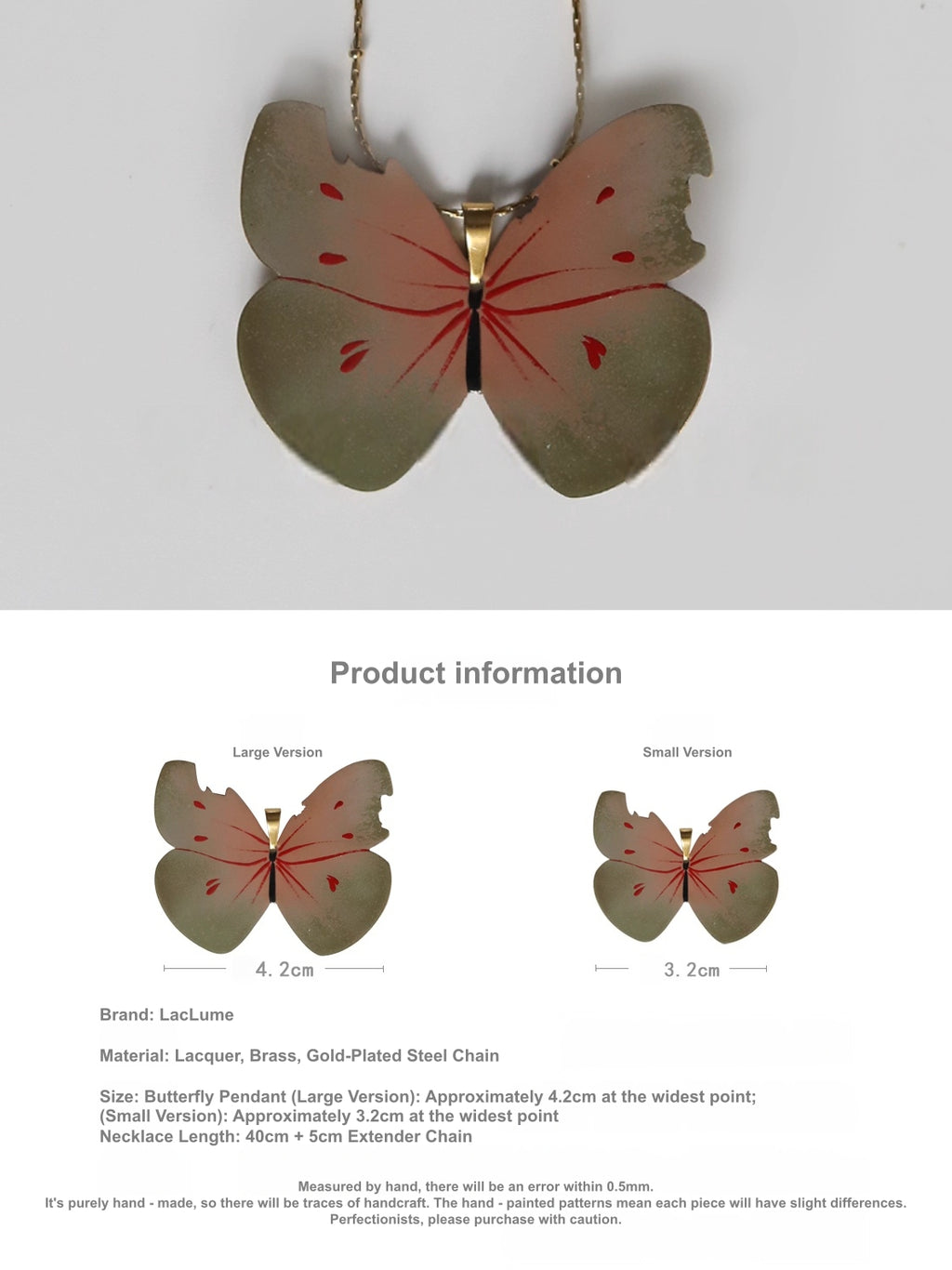 Pink Butterfly Original Lacquer Craft Hand-Painted Butterfly Oil Painting Girl'S Necklace - Handmade Copper Lacquerware