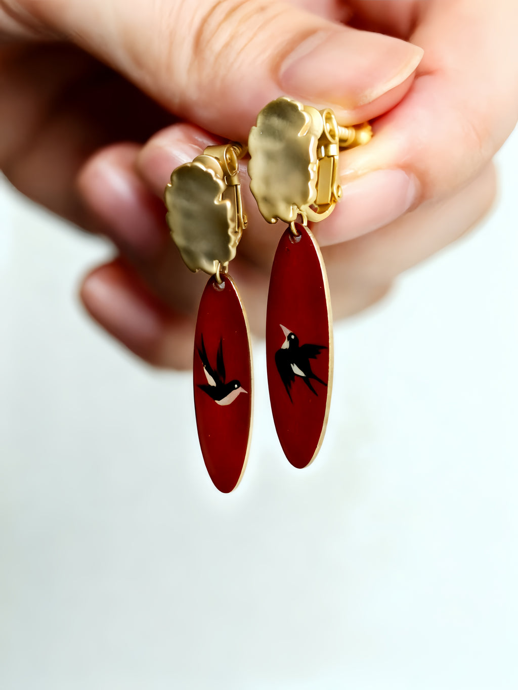 LacLume Lacquer Craft Hand-Painted Flying Swallow New Style Earrings - Hand-Made Copper Tire Lacquerware